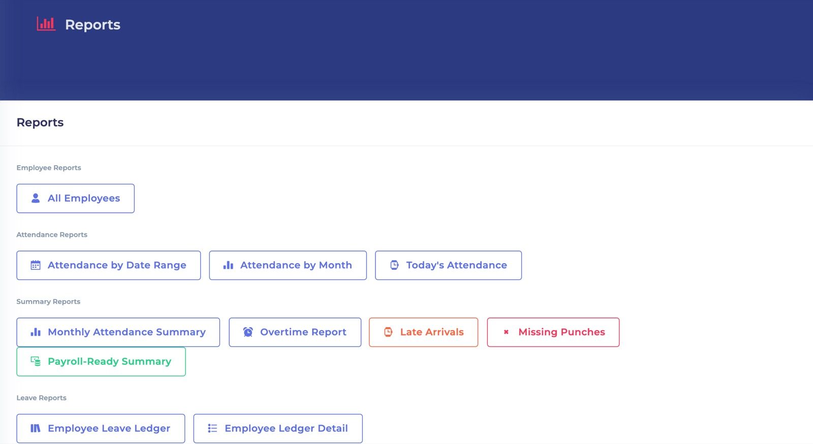 Reports screen listing employee, attendance, summary, and leave reports such as overtime, late arrivals, missing punches, and payroll-ready summary