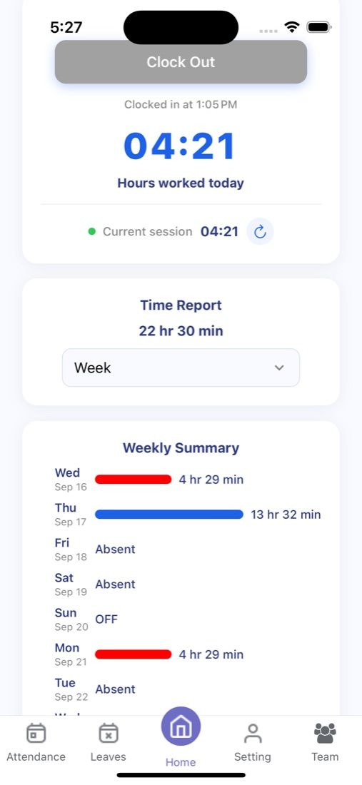 HRMS mobile app: hours clocked today, a weekly time report, and a day-by-day weekly summary