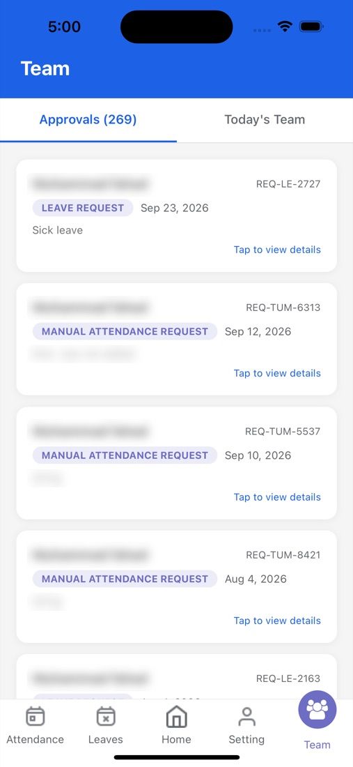Mobile approvals queue with leave and manual attendance requests (names blurred)
