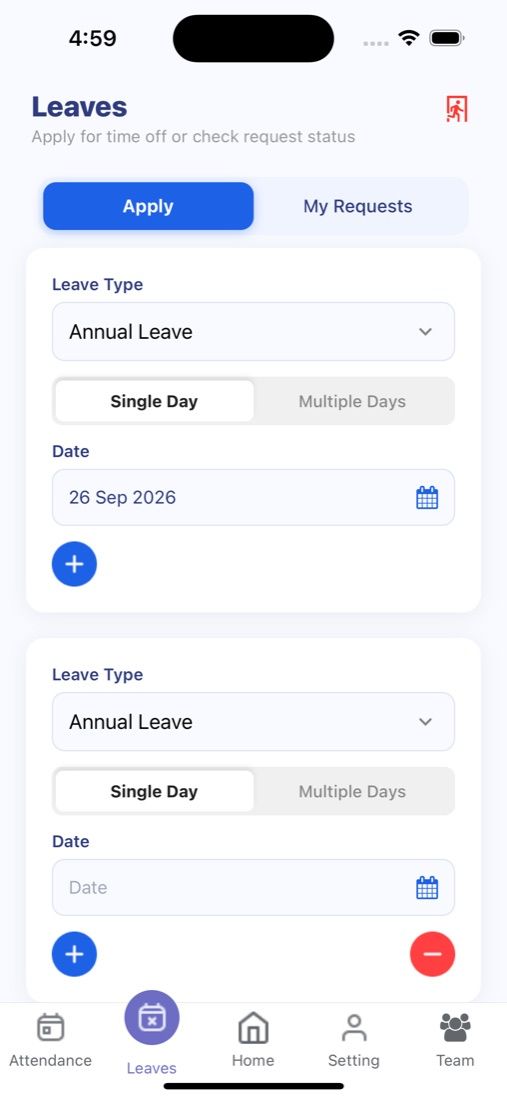 Mobile leave application form with leave type, single or multiple days, and dates