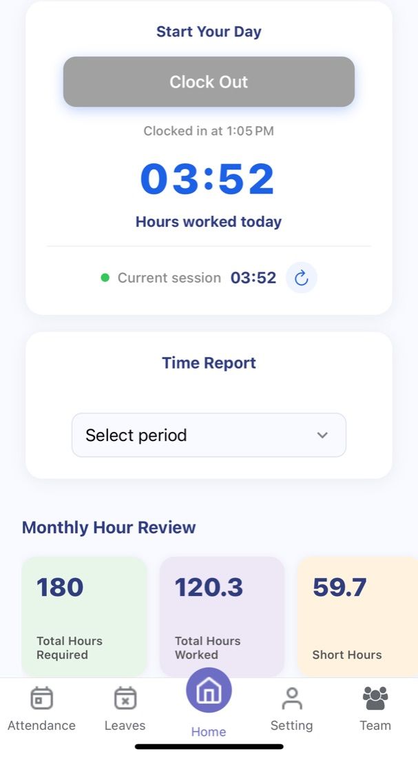 Mobile home screen with a clock-out button, hours worked today, and a monthly hour review