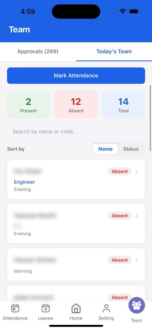 Mobile team view with present, absent, and total counts, a mark-attendance button, and each team member’s status (names blurred)