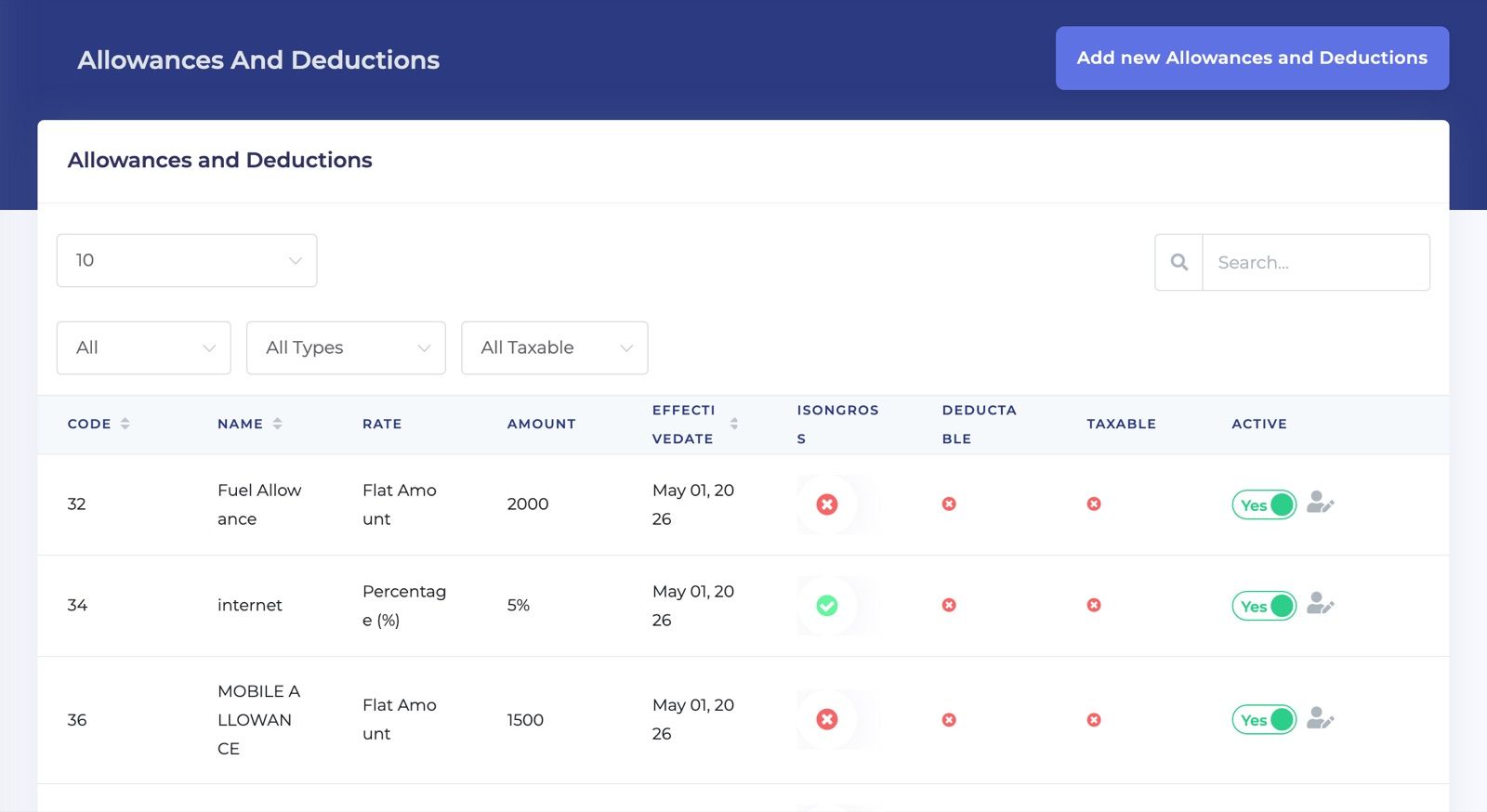 Payroll allowances and deductions list showing flat and percentage rates, amounts, effective dates, and taxable settings