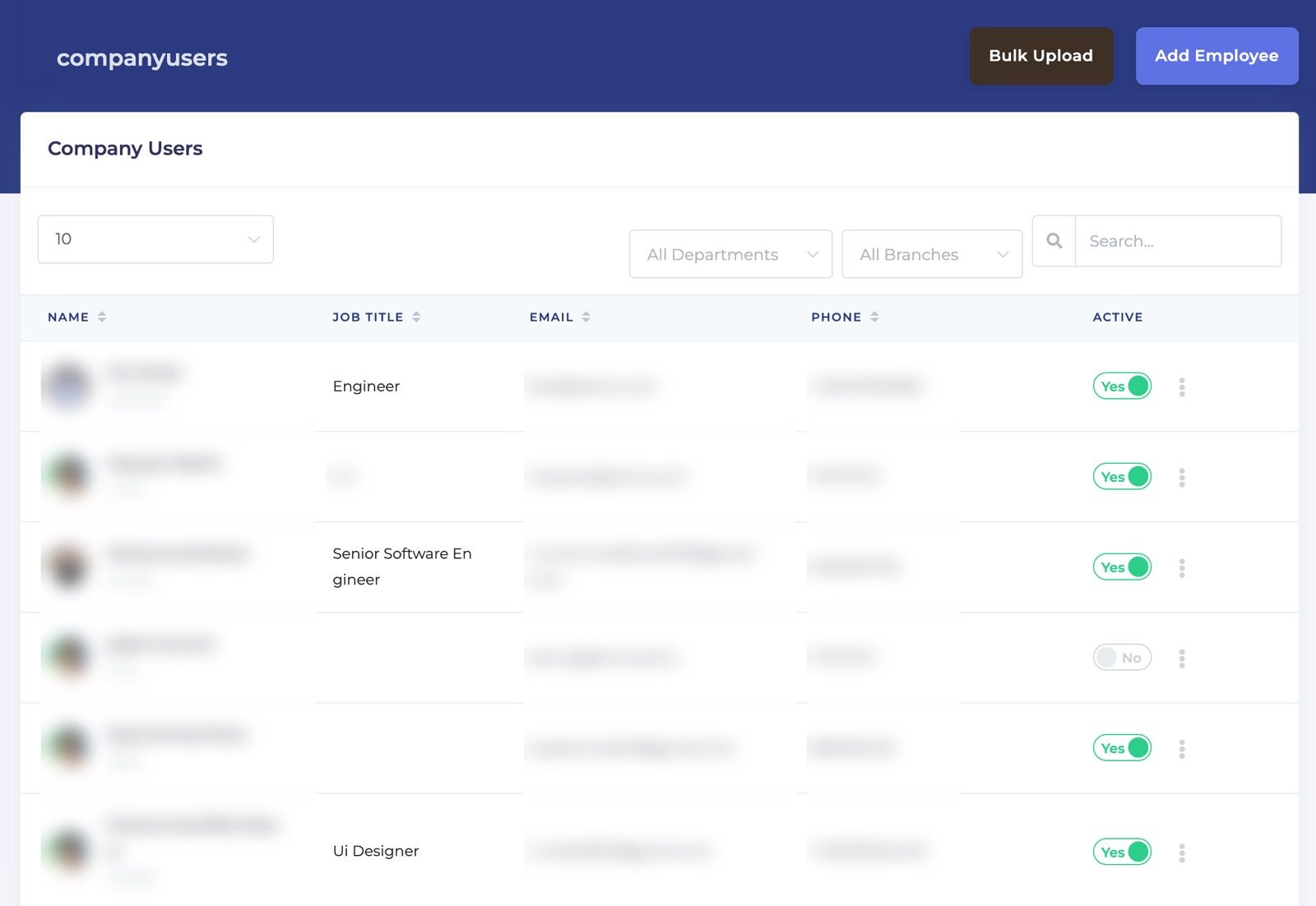 Employee list with job titles, contact details, and active status, plus bulk upload (names and contact details blurred)